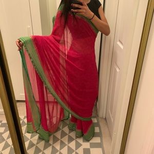 Beautiful pink and green chiffon sari. No blouse